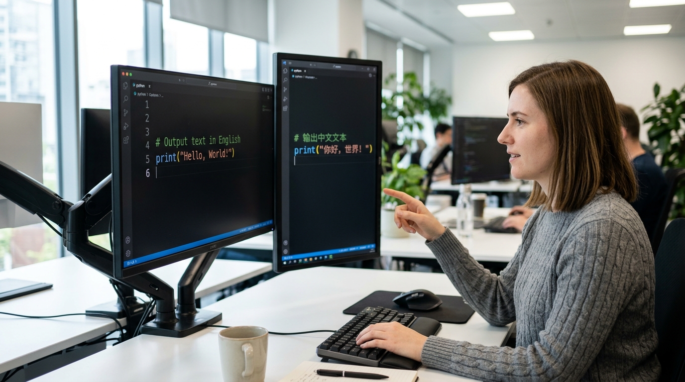 Python代码Hello World中英文翻译对比示例