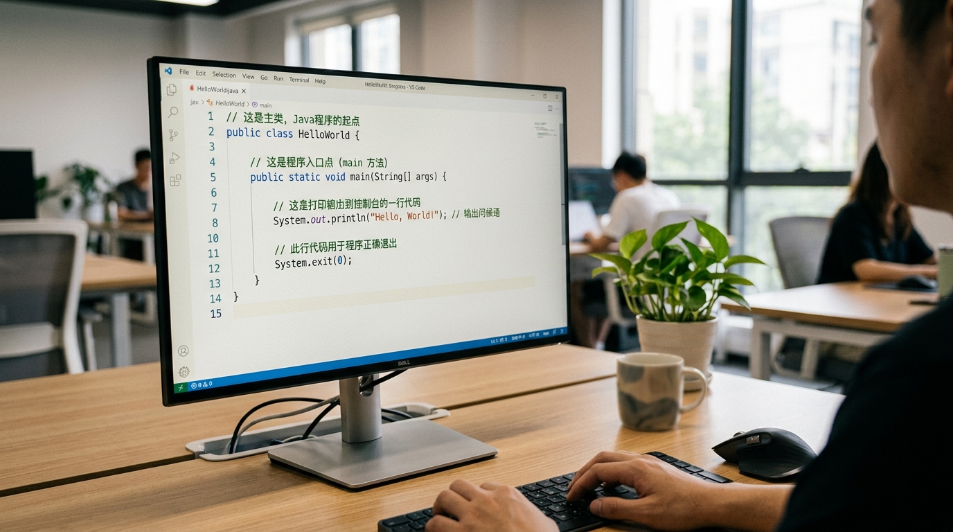 带有中文注释的Java hello world程序代码示例