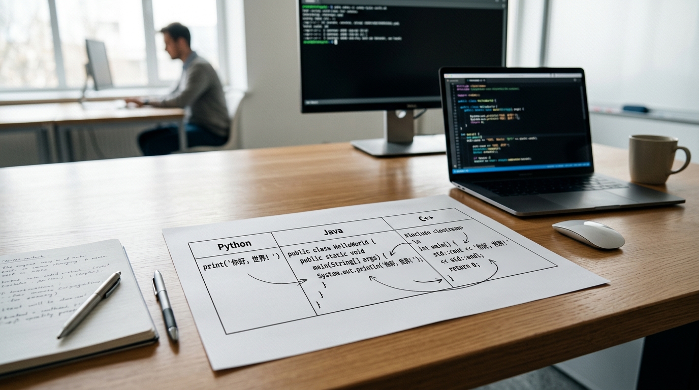 helloworld翻译示例:Python、Java和C++三种语言的中文代码对比