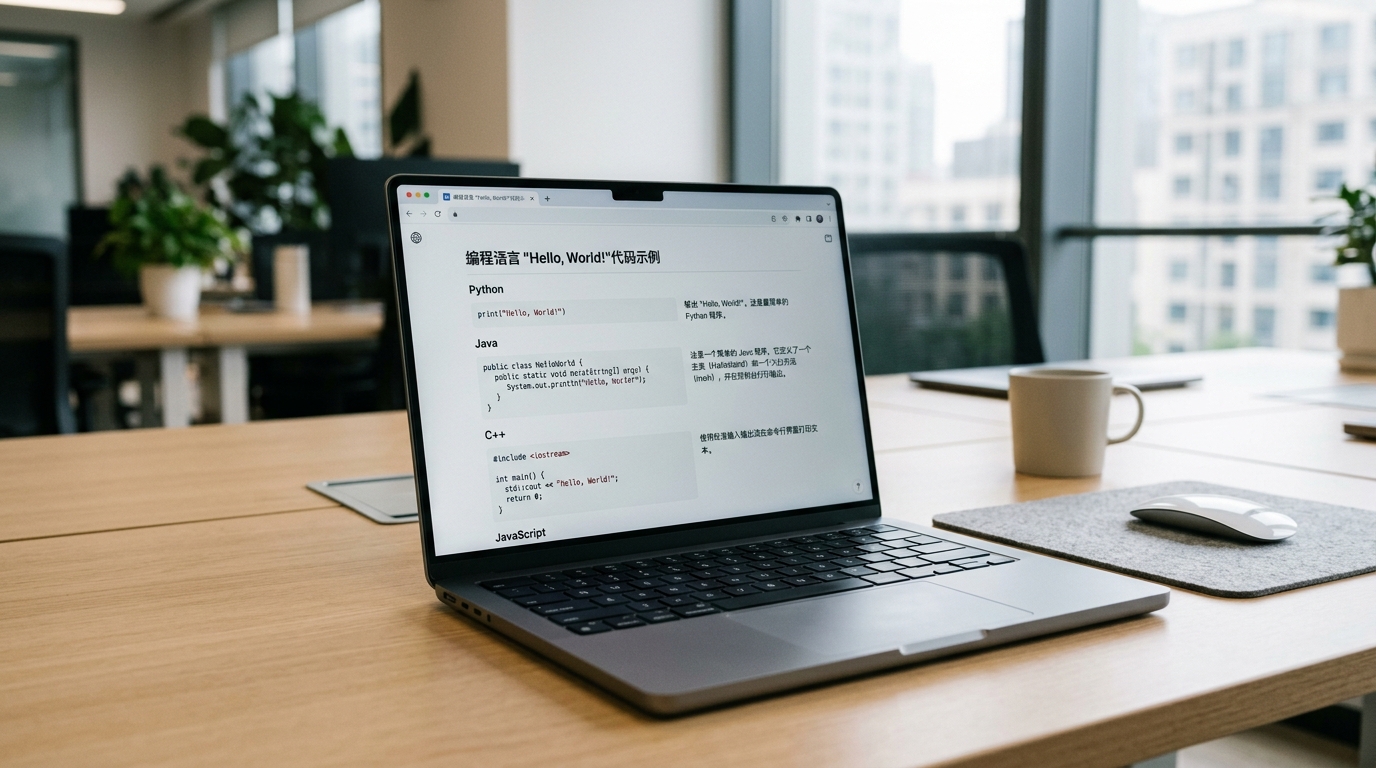 Hello World翻译官网多语言代码对比界面示例